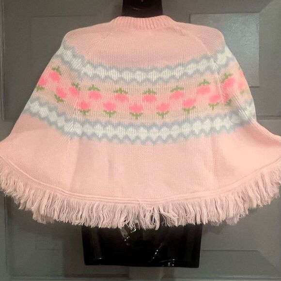 Vintage Blue Bird Girls Pink Heart Graphic Button Front Sweater Fringe BottomCap - Picture 4 of 5